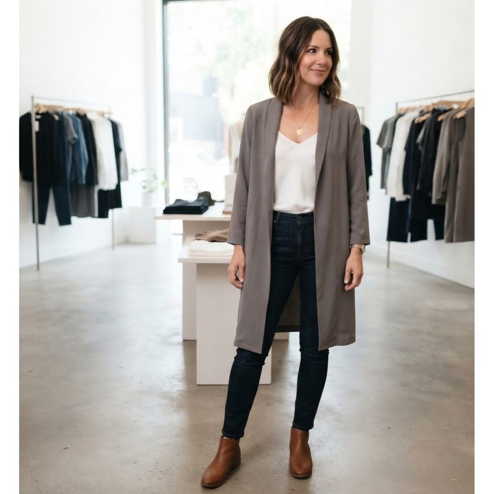 Drew Open Front Duster Blazer Gray Shawl Collar Longline Made in USA Small